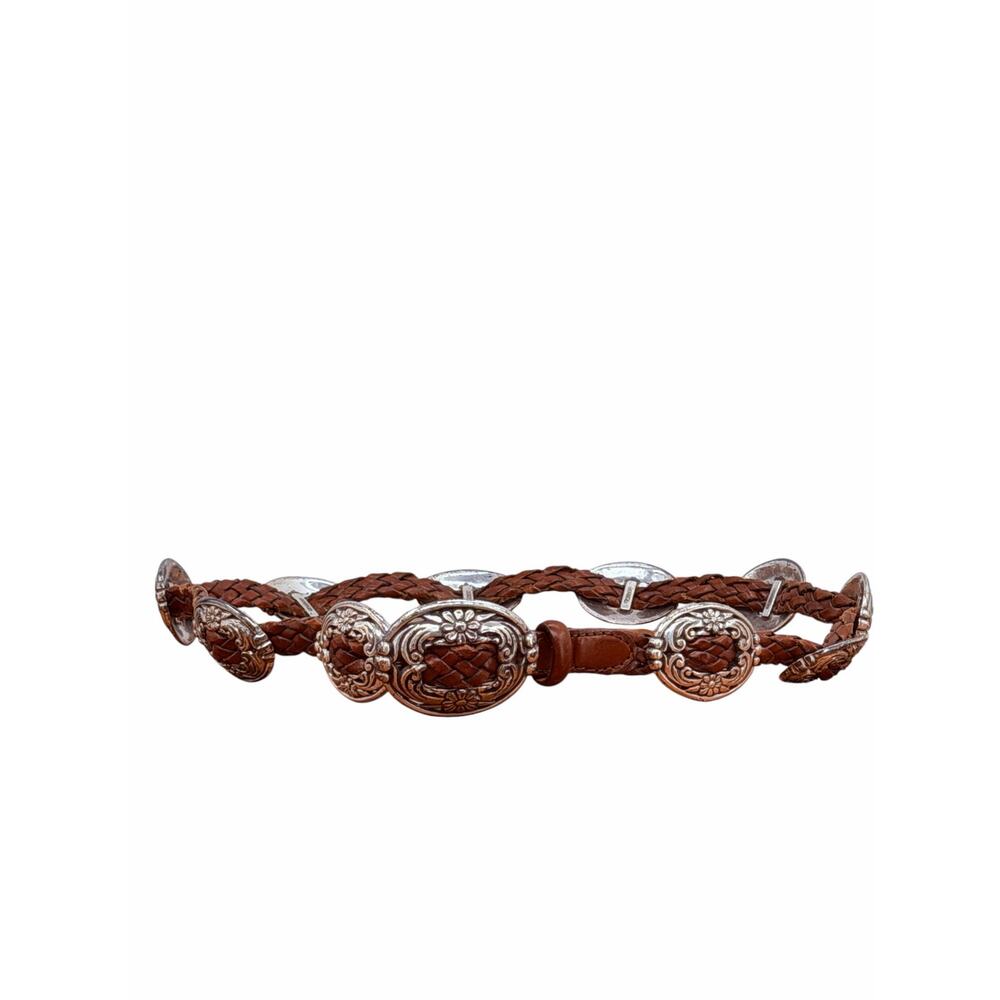 Vintage Western Braided Floral Concho Belt M Women’s Brown Leather Boho Festival